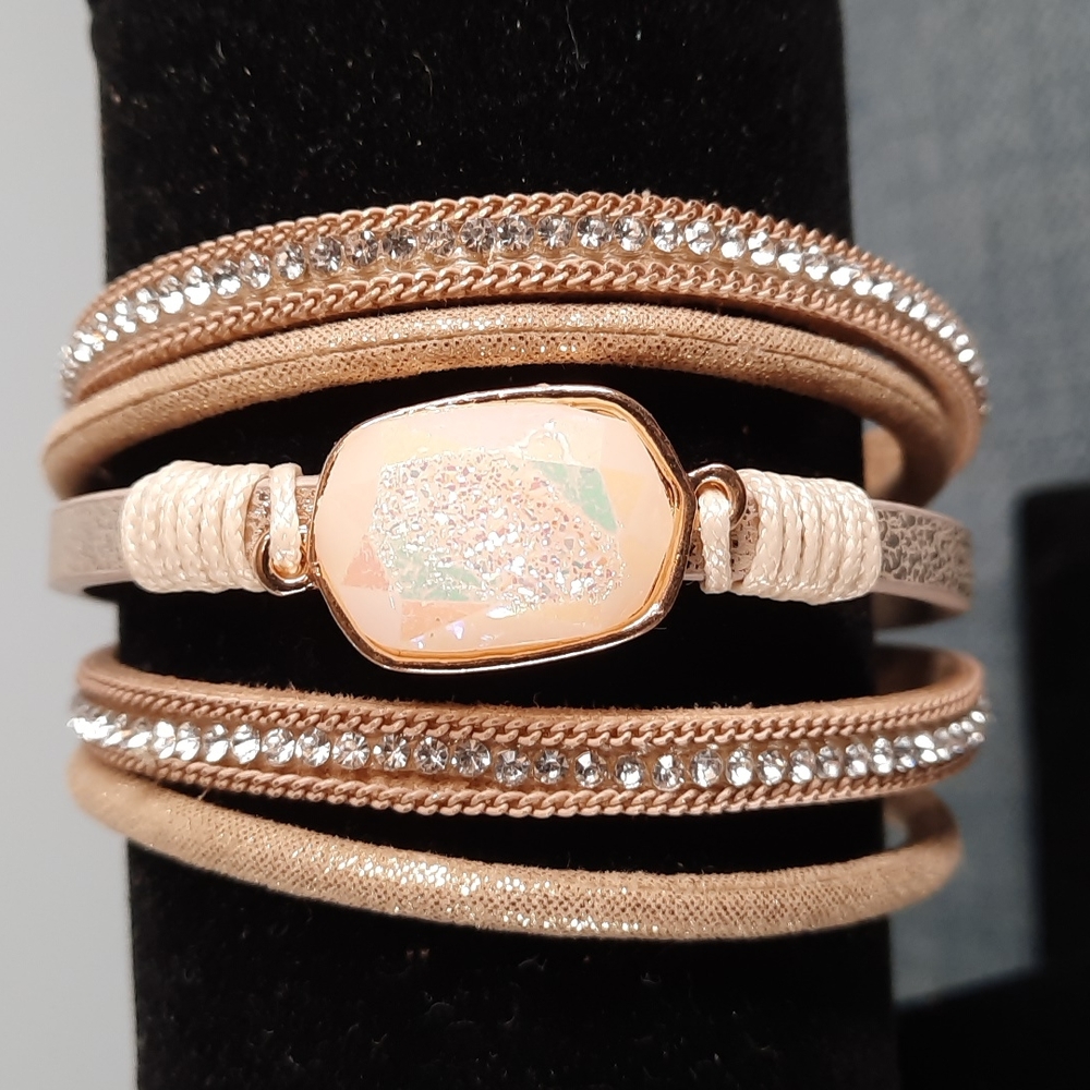 Cream Leather Gold Accent  Gem Stone Rhinestone Magnetic Closure Br…